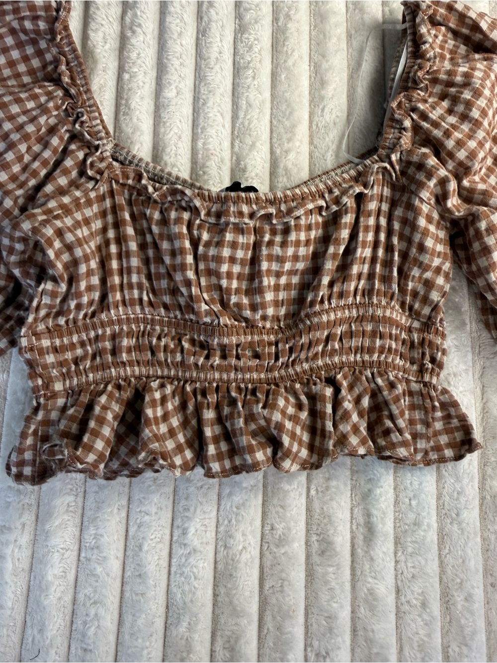 Moodie Brown Gingham Cropped Top with Puffed Sleeves and Elastic Waist, Size S - Picture 8 of 9